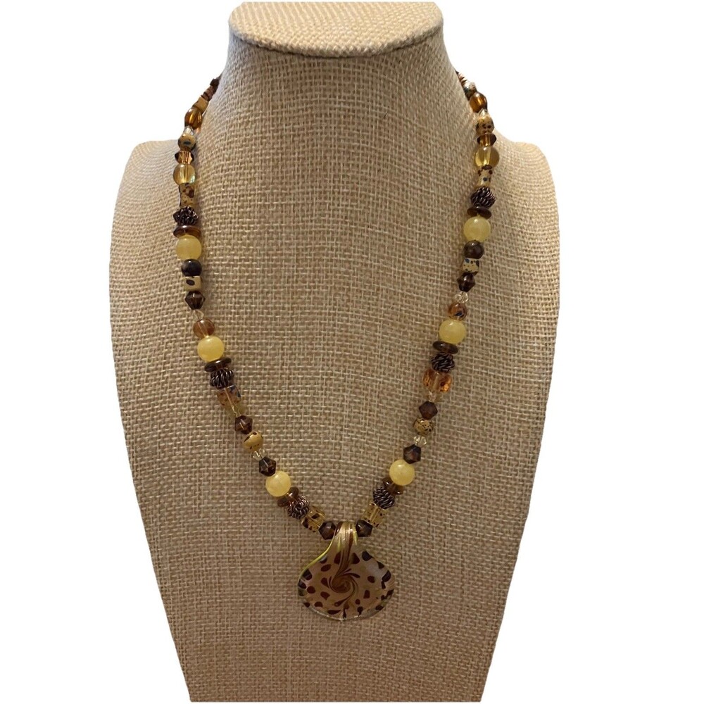 Handcrafted Art Glass Bead Necklace In Brown With Pendant, Barrel Clasp - Picture 1 of 3